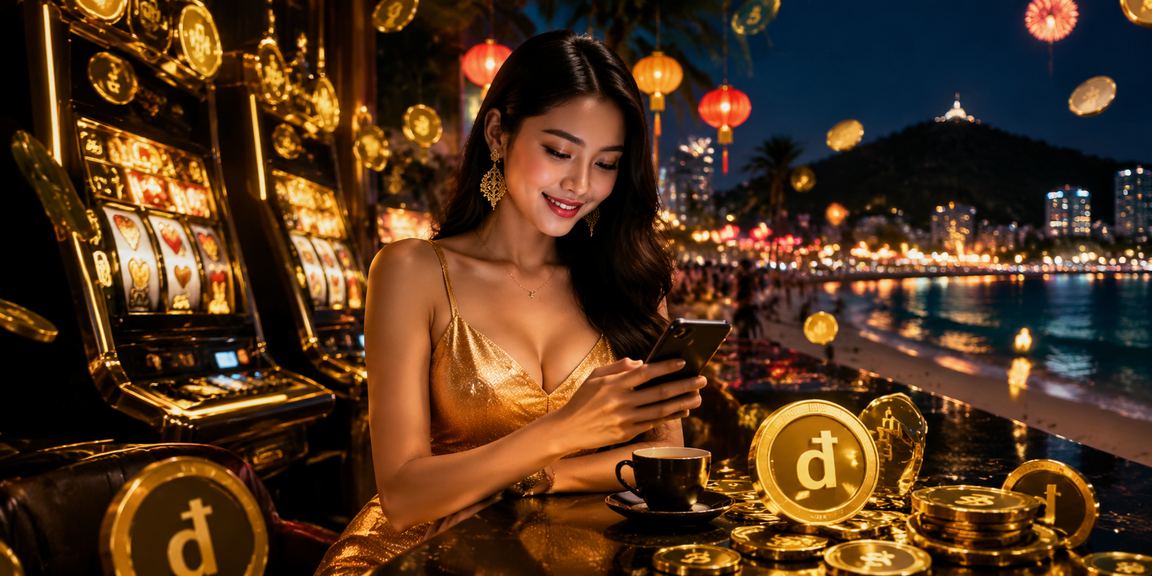 Người dùng tại Vũng Tàu chơi slot game trực tuyến tại quán cà phê ven biển buổi tối